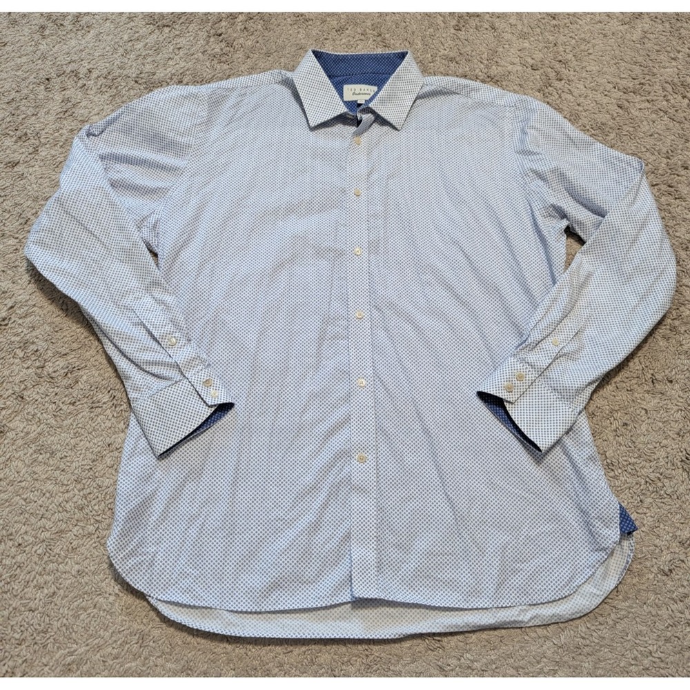Ted Baker Endurance Shirt Mens Sz 17 36/37 Blue White Flip Cut Cuff Button Up